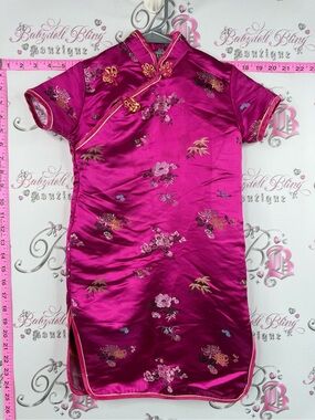 Eastern collection dress Girls' Hot Pink Satin Floral Cheongsam Mandarin Collar